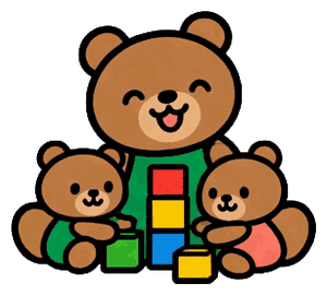子どもたちと積み木で遊ぶお父さんくま
