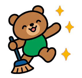 ほうきで掃除を終えたお父さんくま