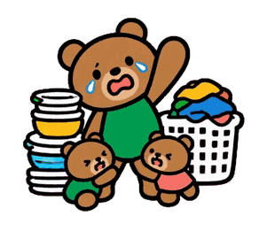 家事と子どもたちに囲まれて泣くお父さんくま